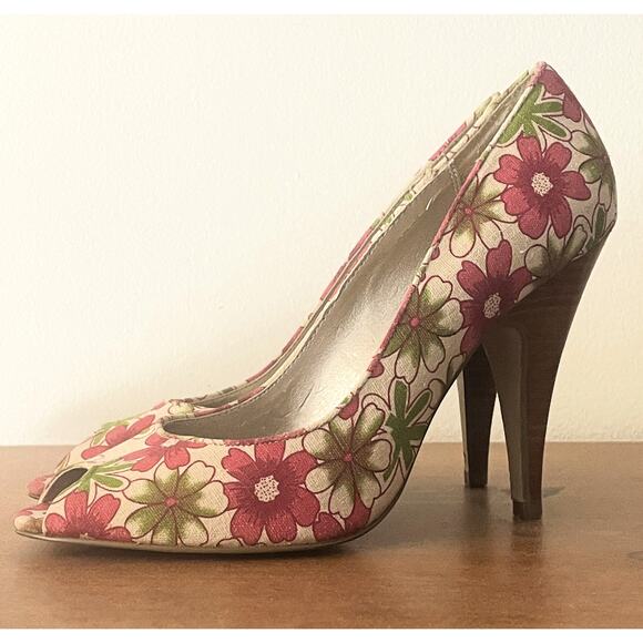 Bakers Floral Heels Womens Size 7 Multicolor Peep Toe Pink Green Shoes - Picture 3 of 6